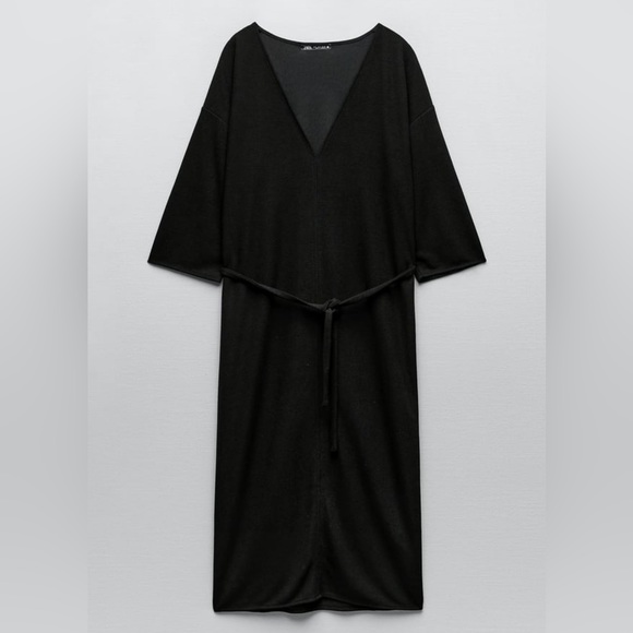 Zara dress with belt 🖤 midi length v neck kimono sleeve straight cut 🖤 black L - Picture 6 of 16